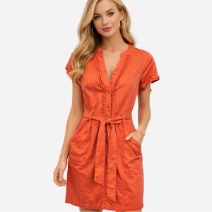 H&M Orange Shirt Dress Belted Short Sleeve Pockets Size 8 NWOT Summer